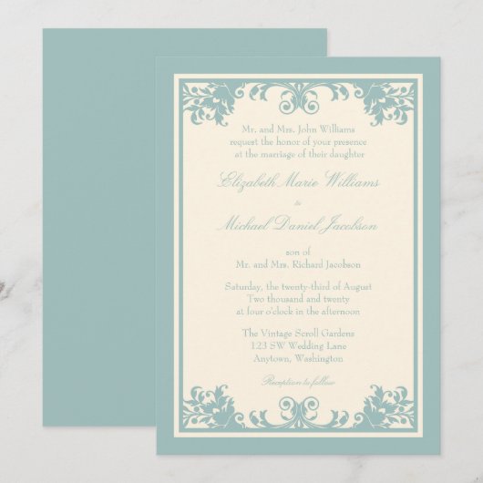 Blue Green Cream  Flourish Scroll Wedding Kaart (Voorkant / Achterkant)