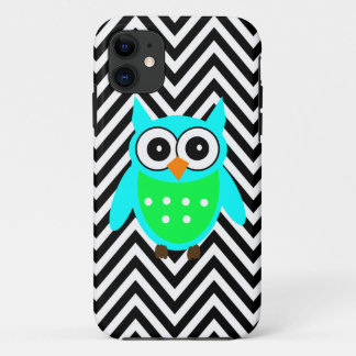 Blue Green Cute Owl Black Chevron Pattern iPhone 11 Hoesje