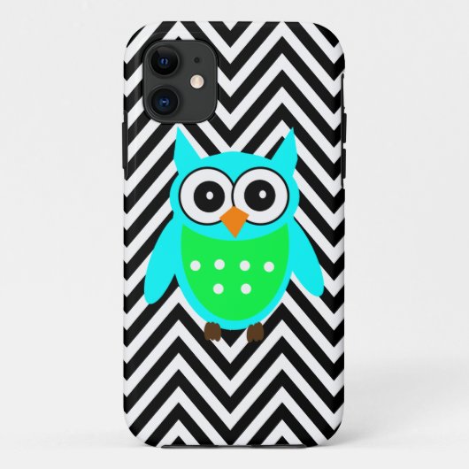 Blue Green Cute Owl Black Chevron Pattern Case-Mate iPhone Case (Achterkant)