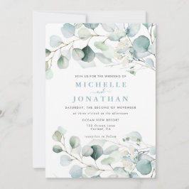 Blue Green Eucalyptus Bouquet Wedding Invitation Kaart