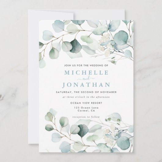 Blue Green Eucalyptus Bouquet Wedding Invitation Kaart (Voorkant)