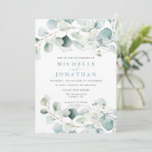 Blue Green Eucalyptus Bouquet Wedding Invitation Kaart (Staand voorkant)