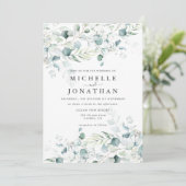 Blue Green Eucalyptus Bouquet Wedding Invitation Kaart (Staand voorkant)