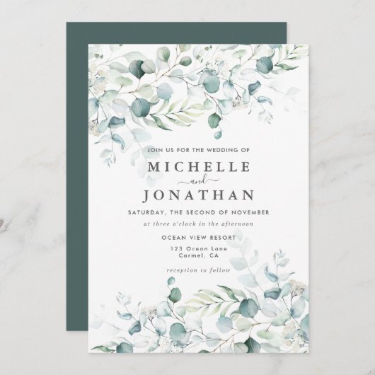 Blue Green Eucalyptus Bouquet Wedding Invitation Kaart (Voorkant / Achterkant)