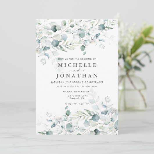 Blue Green Eucalyptus Bouquet Wedding Invitation Kaart (Staand voorkant)