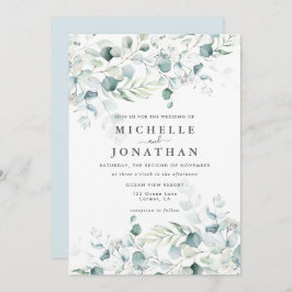 Blue Green Eucalyptus Bouquet Wedding Invitation Kaart