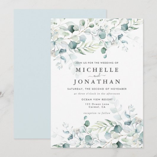 Blue Green Eucalyptus Bouquet Wedding Invitation Kaart (Voorkant / Achterkant)