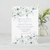 Blue Green Eucalyptus Bouquet Wedding Invitation Kaart (Staand voorkant)