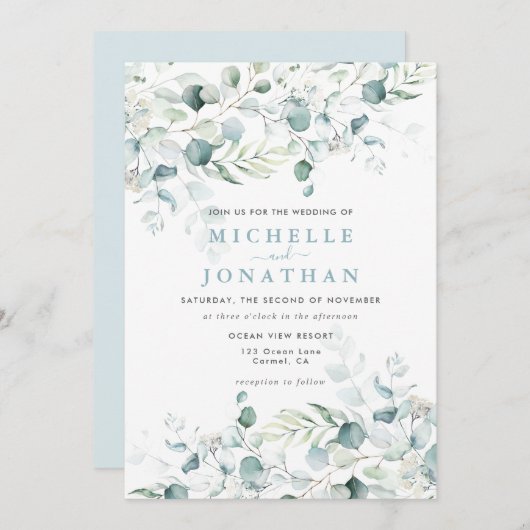 Blue Green Eucalyptus Bouquet Wedding Invitation Kaart (Voorkant / Achterkant)