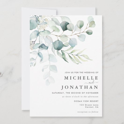 Blue Green Eucalyptus Bouquet Wedding Invitation Kaart (Voorkant)
