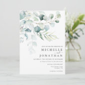 Blue Green Eucalyptus Bouquet Wedding Invitation Kaart (Staand voorkant)