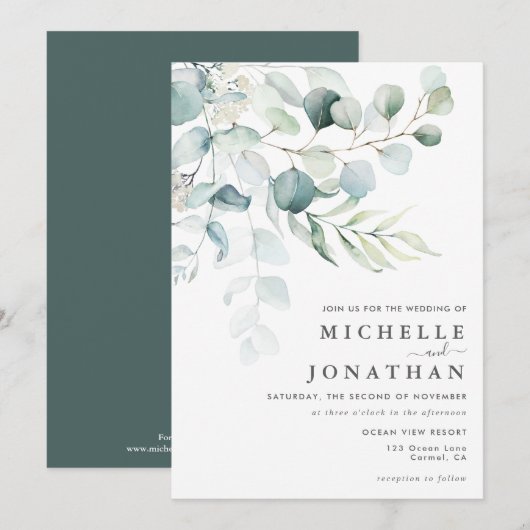 Blue Green Eucalyptus Bouquet Wedding Invitation Kaart (Voorkant / Achterkant)