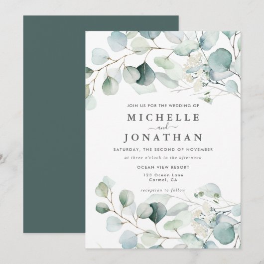 Blue Green Eucalyptus Bouquet Wedding Invitation Kaart (Voorkant / Achterkant)
