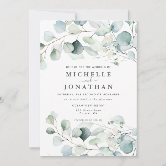 Blue Green Eucalyptus Bouquet Wedding Invitation Kaart (Voorkant)