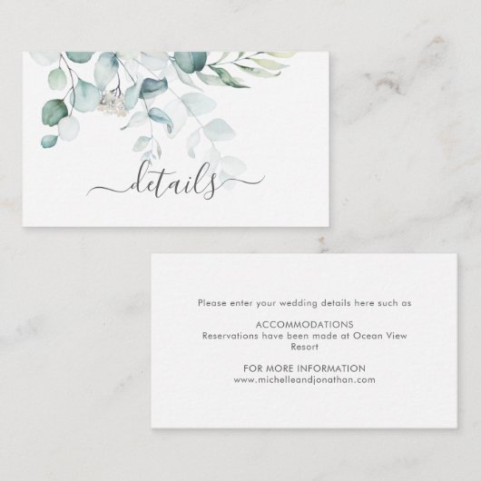 Blue Green Eucalyptus Weddenschap Enclosure Card Informatiekaartje (Voorkant / Achterkant)