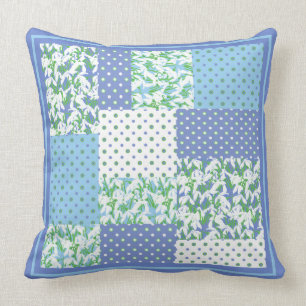Blue Green Faux Patchwork Snowdrops and Polkas Kussen