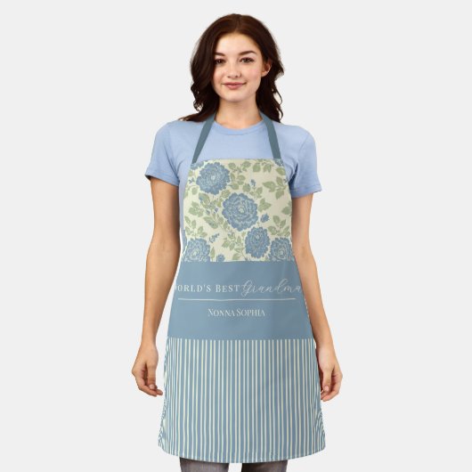 Blue Green Floral Block Print Stripe Schort (Gedragen)