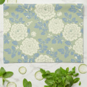 Blue Green Floral Block Print w Blue Stripes Theedoek (Gevouwen)