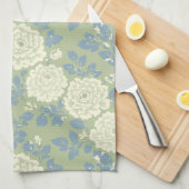 Blue Green Floral Block Print w Blue Stripes Theedoek (Quarter Fold)