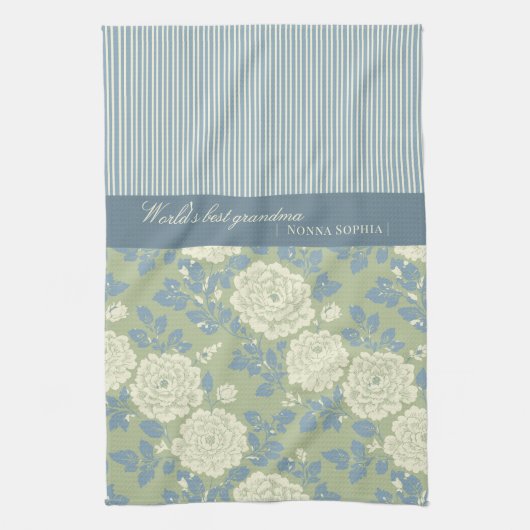 Blue Green Floral Block Print w Blue Stripes Theedoek (Verticaal)