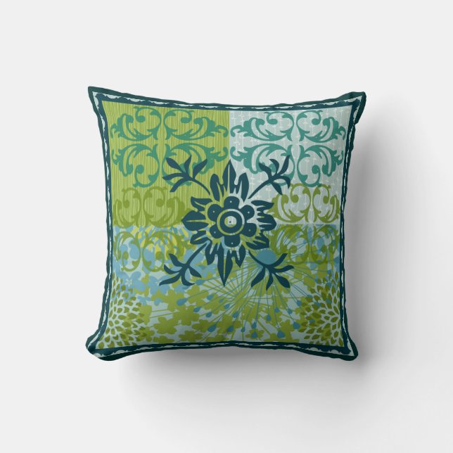 Blue Green Floral Damask Pattern Sierkussen (Voorkant)