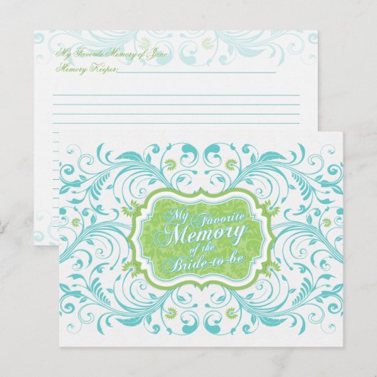 Blue Green Floral Memory Kaart voor de bruid (Voorkant / Achterkant)