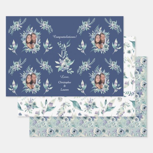 Blue Green Floral Wedding Photo Template Inpakpapier Vel (Set)