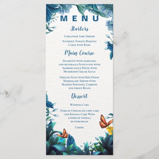 Blue Green Foliage Butterfly Reception Dinner  Menu (Voorkant)