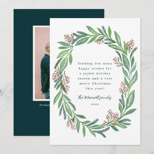 Blue Green geïllustreerd Floral Wreatfoto Feestdagenkaart