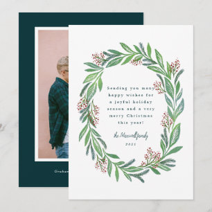 Blue Green geïllustreerd Floral Wreatfoto Holiday Kaart