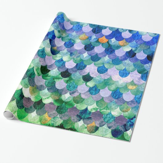 Blue Green Girly Mermaid Fish Scales Cadeaupapier (Uitgerold)