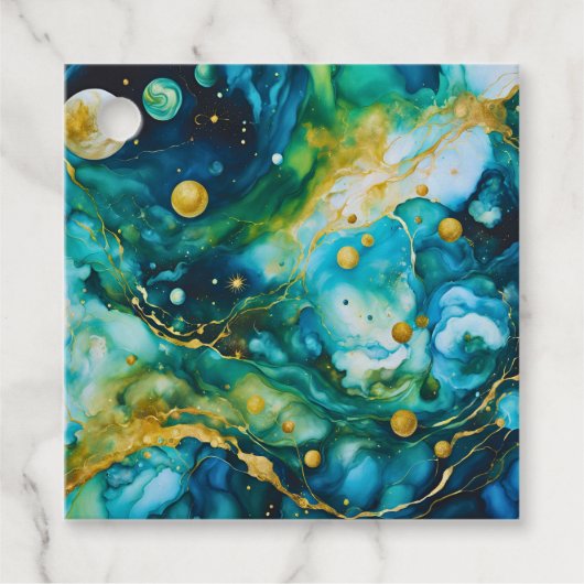 Blue Green Gold Alcohol Ink Cosmos Bedankjes Labels (Voorkant)