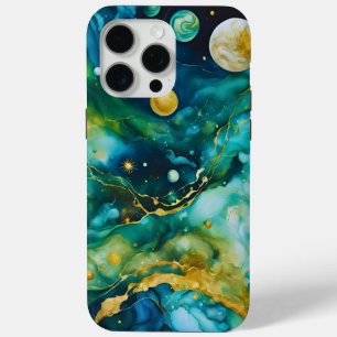 Blue Green Gold Alcohol Ink Cosmos iPhone 15 Pro Max Hoesje