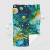 Blue Green Gold Alcohol Ink Cosmos Golfhanddoek (Insitu)