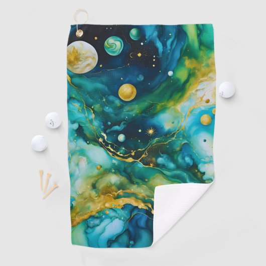 Blue Green Gold Alcohol Ink Cosmos Golfhanddoek (Insitu)