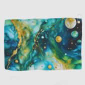 Blue Green Gold Alcohol Ink Cosmos Golfhanddoek (Horizontaal)