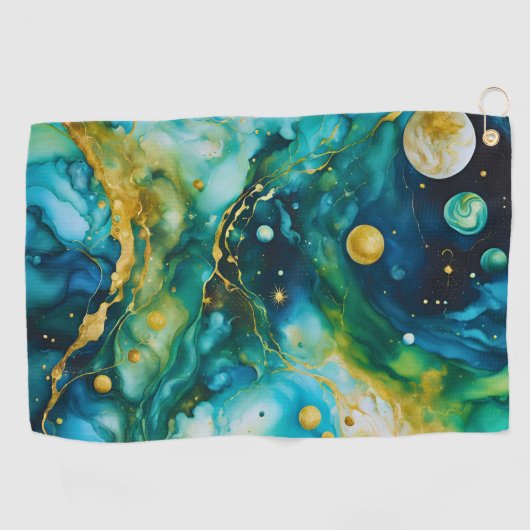 Blue Green Gold Alcohol Ink Cosmos Golfhanddoek (Horizontaal)