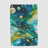 Blue Green Gold Alcohol Ink Cosmos Golfhanddoek (Voorkant)