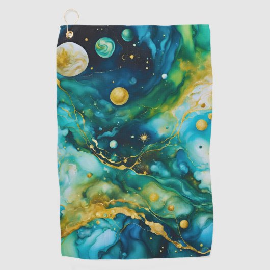 Blue Green Gold Alcohol Ink Cosmos Golfhanddoek (Voorkant)