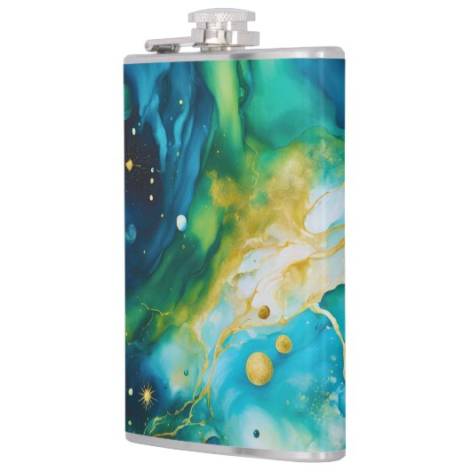 Blue Green Gold Alcohol Ink Cosmos Heupfles (Links)