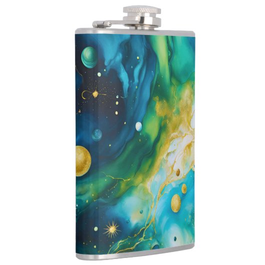 Blue Green Gold Alcohol Ink Cosmos Heupfles (Rechts)