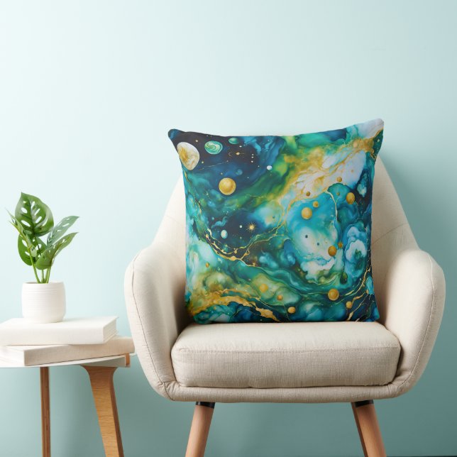 Blue Green Gold Alcohol Ink Cosmos Kussen (Stoel)