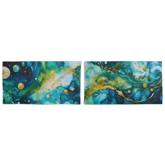 Blue Green Gold Alcohol Ink Cosmos Kussensloop (Voorkant-Set)