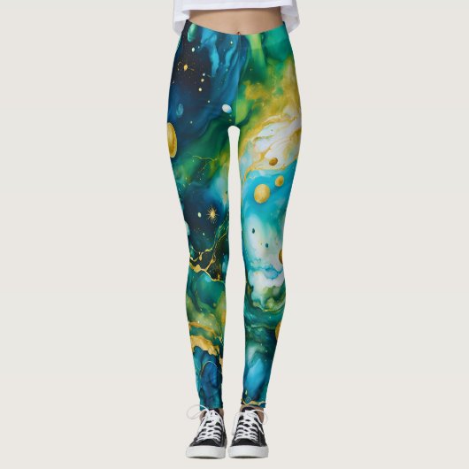 Blue Green Gold Alcohol Ink Cosmos Leggings (Voorkant)