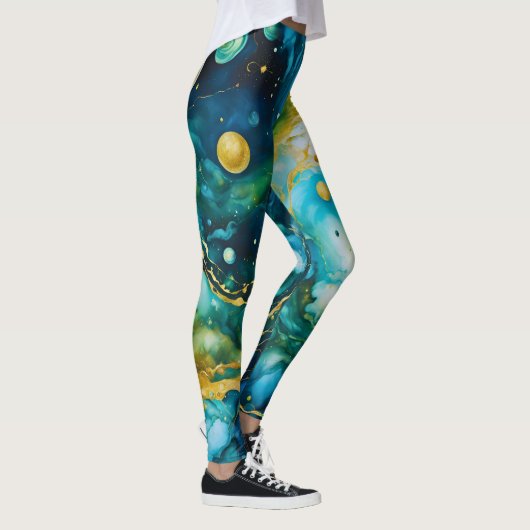 Blue Green Gold Alcohol Ink Cosmos Leggings (Rechts)