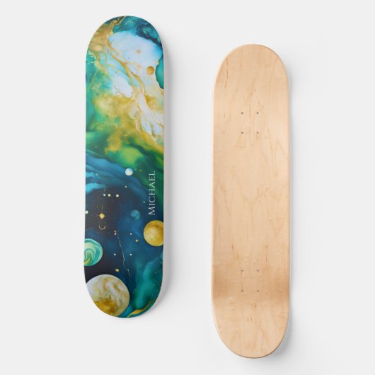 Blue Green Gold Alcohol Ink Cosmos Persoonlijk Skateboard (Voorkant)