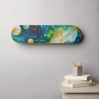 Blue Green Gold Alcohol Ink Cosmos Persoonlijk Skateboard