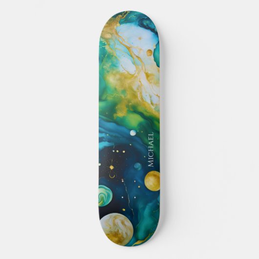 Blue Green Gold Alcohol Ink Cosmos Persoonlijk Skateboard (Voorkant)