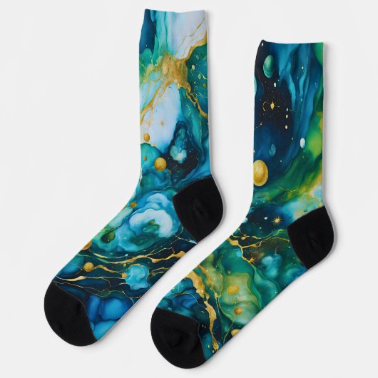 Blue Green Gold Alcohol Ink Cosmos Sokken (Links)