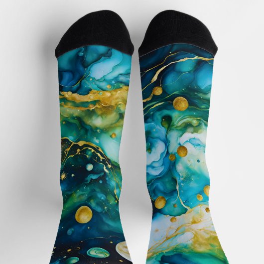 Blue Green Gold Alcohol Ink Cosmos Sokken (Top)